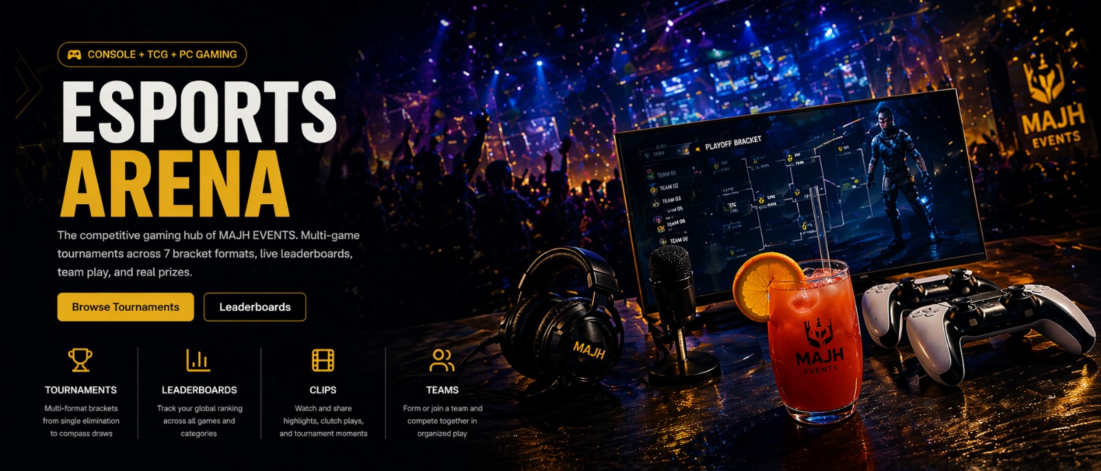 MAJH EVENTS esports arena with gaming peripherals, cocktails, and competitive gaming setup