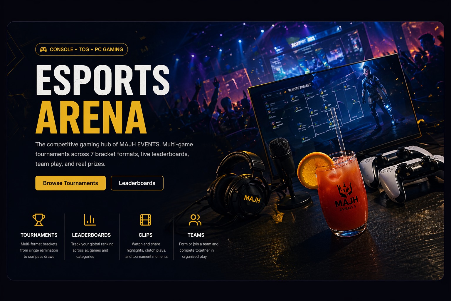 Esports arena with gaming peripherals, MAJH cocktail, and competitive gaming setup